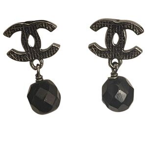 Chanel black bead drop with CC ruthenium finish metal dangle earrings